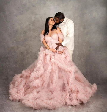 Mqtime Pink Ruffle Tulle Maternity Dresses Photoshoot Front Slit Sweetheart Lush Mesh Maternity Photography Dress